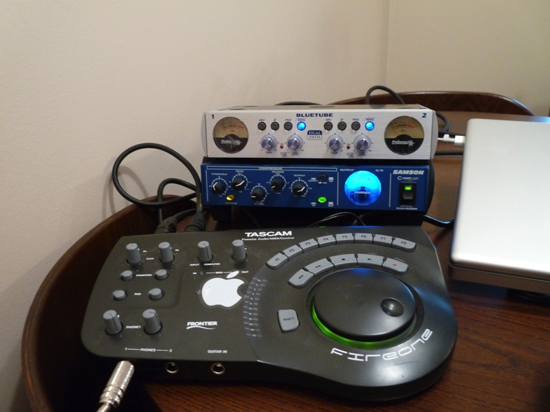 TapelegStudios05 From top: Presonus dual mic preamp, Samson C-Com Opti compressor, and Tascam FireOne